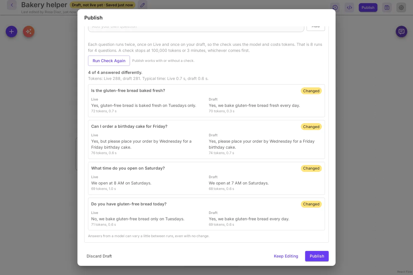 The Publish dialog for a bakery chatflow after a check: each recent question shows the Live answer and the draft answer side by side with their tokens and time.