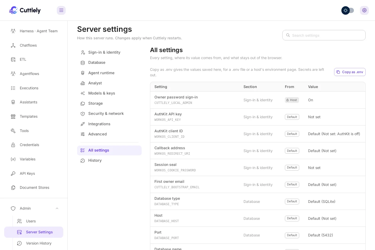 Admin, Server settings, All settings: every setting with its section, where its value comes from, and its value.